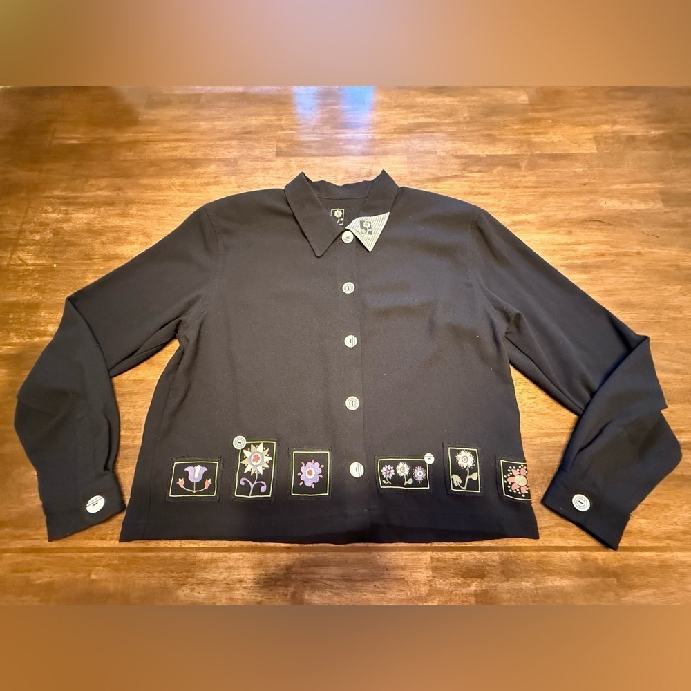 Christopher & Banks Black Jacket Embroidered Floral Patchwork Women’s SZ M Fall